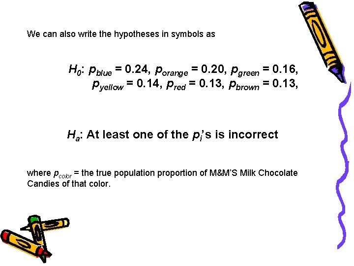 We can also write the hypotheses in symbols as H 0: pblue = 0.