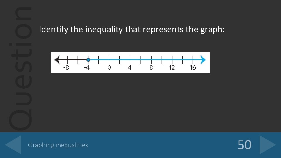 Question Identify the inequality that represents the graph: Graphing inequalities 50 