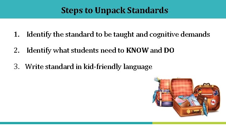 Steps to Unpack Standards 1. Identify the standard to be taught and cognitive demands