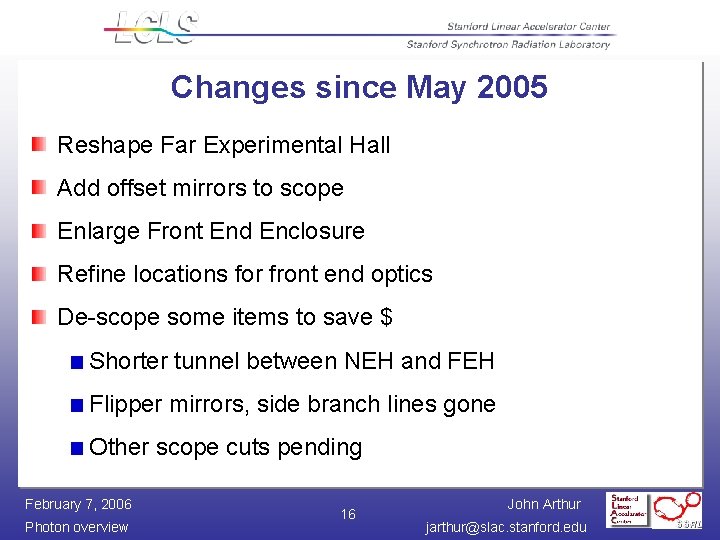 Changes since May 2005 Reshape Far Experimental Hall Add offset mirrors to scope Enlarge