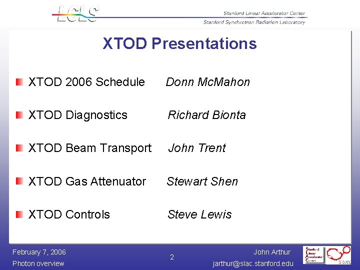 XTOD Presentations XTOD 2006 Schedule Donn Mc. Mahon XTOD Diagnostics Richard Bionta XTOD Beam