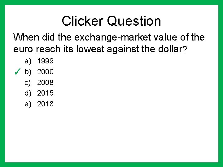 Clicker Question When did the exchange-market value of the euro reach its lowest against