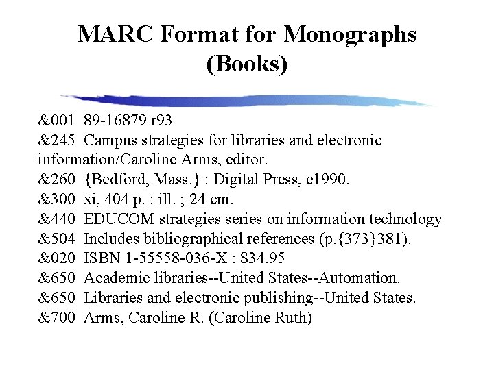 MARC Format for Monographs (Books) &001 89 -16879 r 93 &245 Campus strategies for