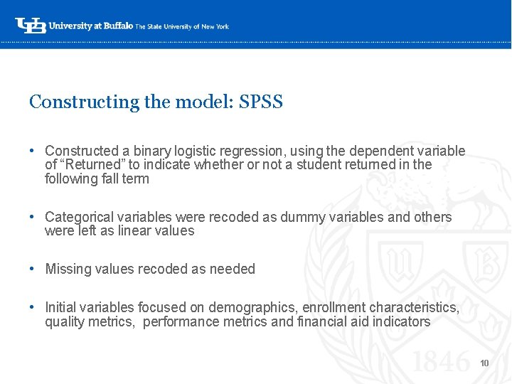 Constructing the model: SPSS • Constructed a binary logistic regression, using the dependent variable Constructing the model: SPSS • Constructed a binary logistic regression, using the dependent variable