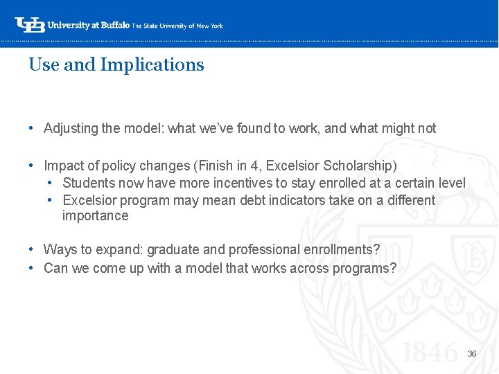Use and Implications • Adjusting the model: what we’ve found to work, and what Use and Implications • Adjusting the model: what we’ve found to work, and what