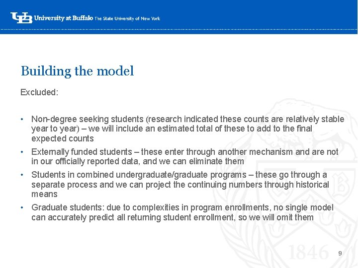 Building the model Excluded: • Non-degree seeking students (research indicated these counts are relatively Building the model Excluded: • Non-degree seeking students (research indicated these counts are relatively