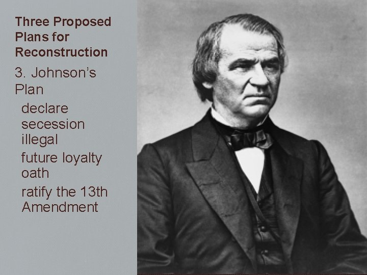 Three Proposed Plans for Reconstruction 3. Johnson’s Plan declare secession illegal future loyalty oath