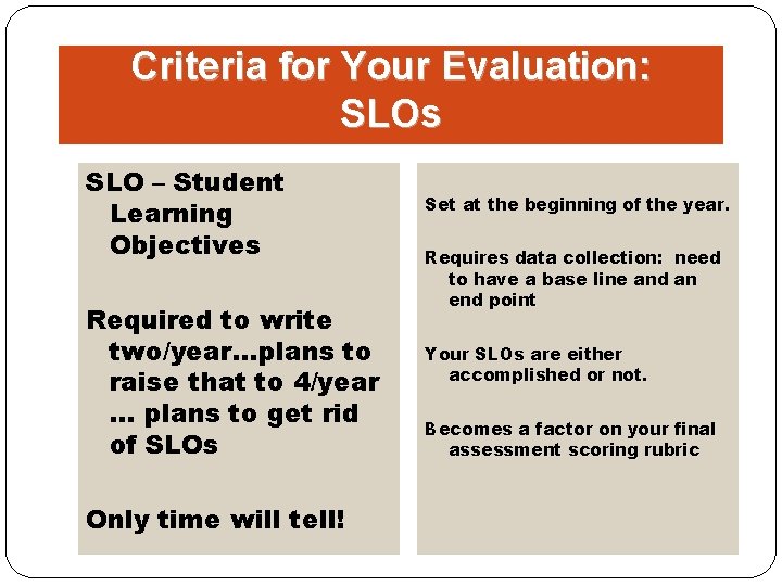 Criteria for Your Evaluation: SLOs SLO – Student Learning Objectives Required to write two/year…plans