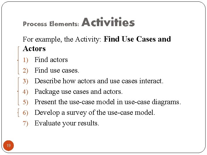 Process Elements: Activities For example, the Activity: Find Use Cases and Actors 1) Find