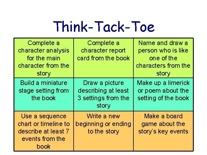 Think-Tack-Toe Complete a character analysis for the main character from the story Complete a