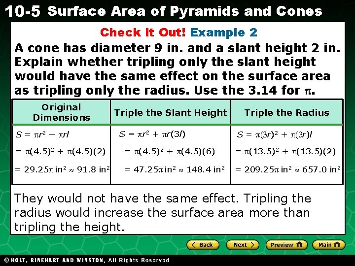 10 -5 Surface Area of Pyramids and Cones Check It Out! Example 2 A