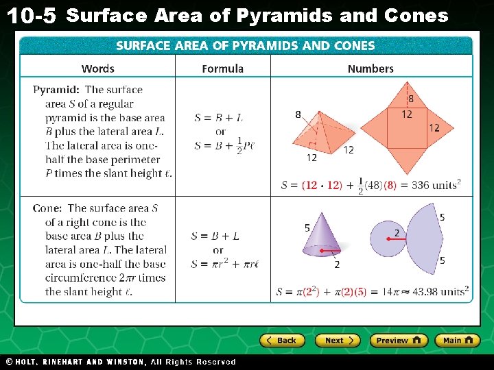 10 -5 Surface Area of Pyramids and Cones Holt CA Course 1 