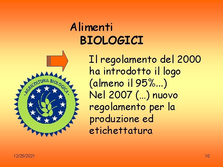 Alimenti BIOLOGICI Il regolamento del 2000 ha introdotto il logo (almeno il 95%. .