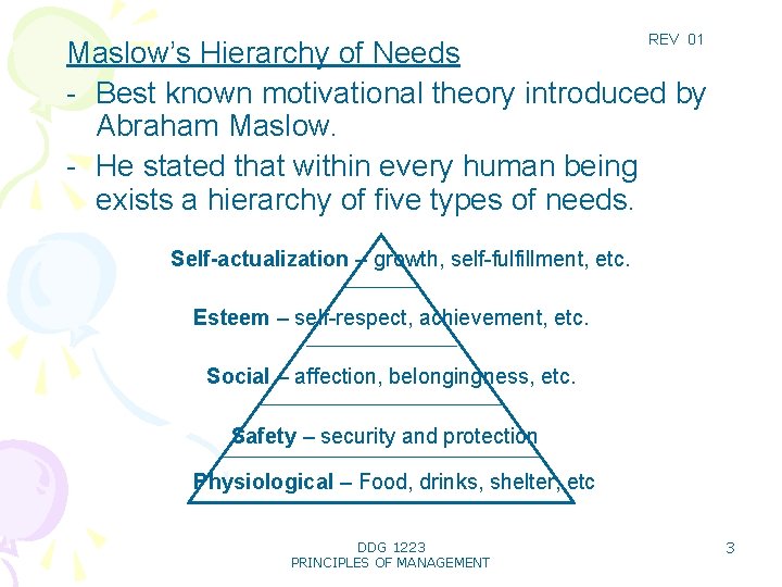REV 01 Maslow’s Hierarchy of Needs - Best known motivational theory introduced by Abraham