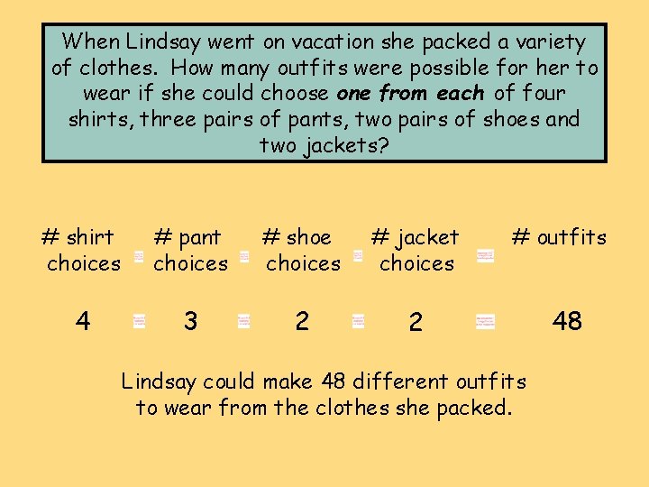 When Lindsay went on vacation she packed a variety of clothes. How many outfits When Lindsay went on vacation she packed a variety of clothes. How many outfits