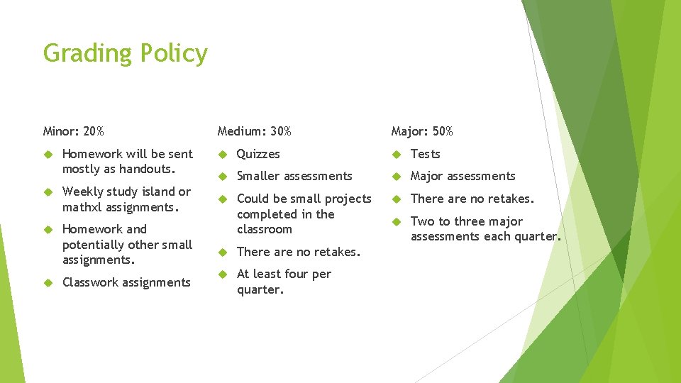 Grading Policy Minor: 20% Homework will be sent mostly as handouts. Weekly study island