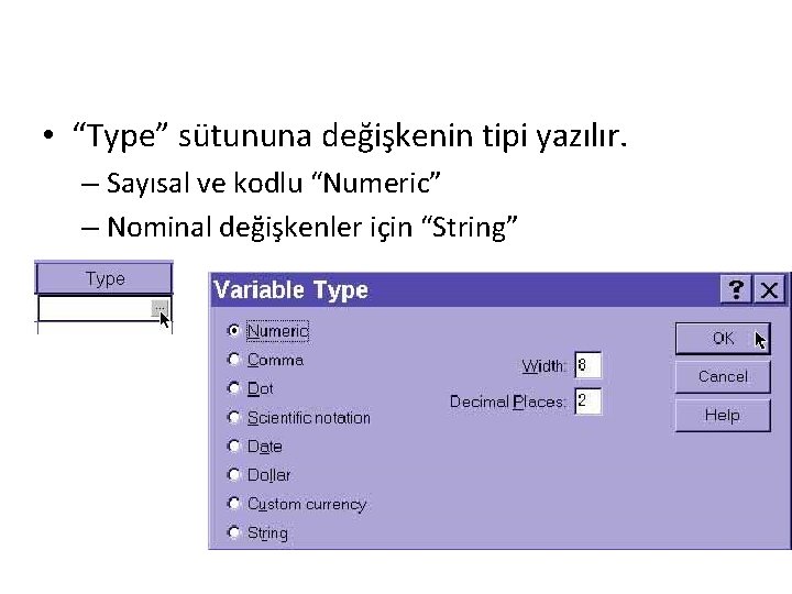 • “Type” sütununa değişkenin tipi yazılır. – Sayısal ve kodlu “Numeric” – Nominal