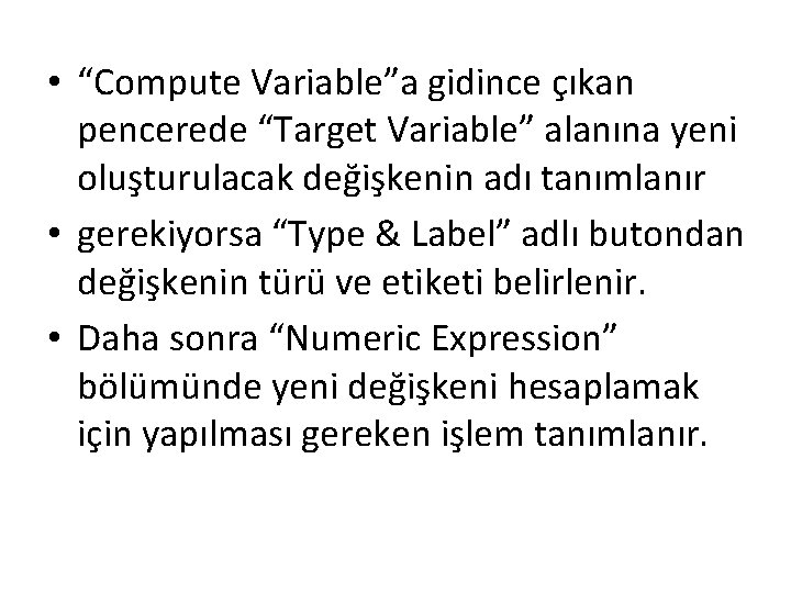  • “Compute Variable”a gidince çıkan pencerede “Target Variable” alanına yeni oluşturulacak değişkenin adı