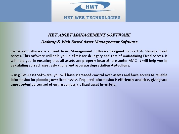 HET ASSET MANAGEMENT SOFTWARE Desktop & Web Based Asset Management Software Het Asset Software