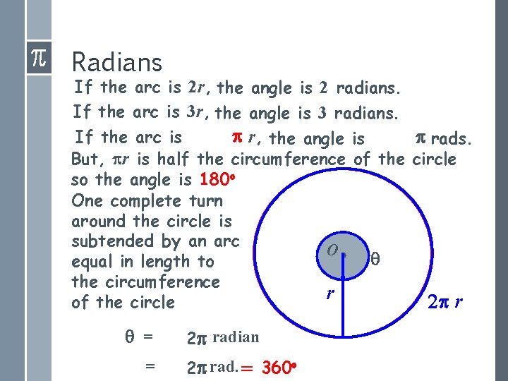 Radians If the arc is 2 r, the angle is 2 radians. If the