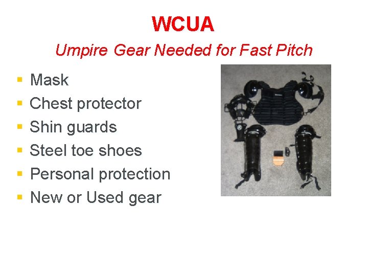 WCUA Umpire Gear Needed for Fast Pitch § § § Mask Chest protector Shin