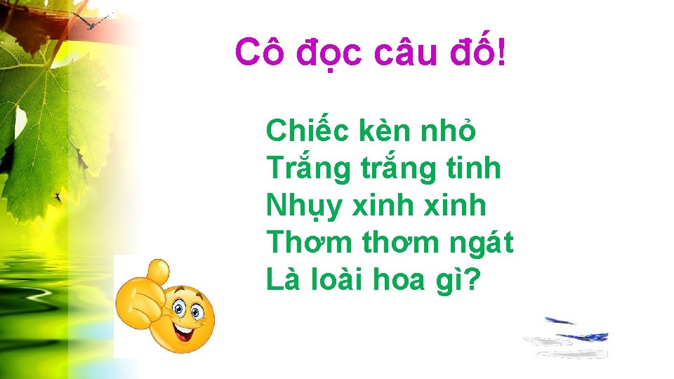 Cô đọc câu đố! Chiếc kèn nhỏ Trắng tinh Nhụy xinh Thơm thơm ngát