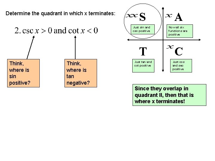 Determine the quadrant in which x terminates: Think, where is sin positive? Think, where