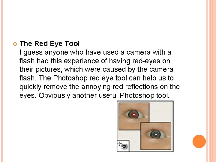  The Red Eye Tool I guess anyone who have used a camera with