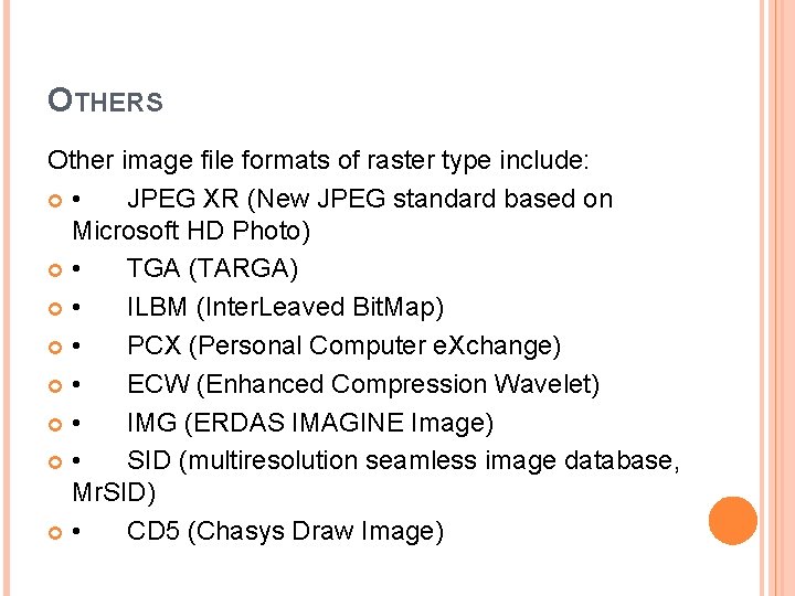 OTHERS Other image file formats of raster type include: • JPEG XR (New JPEG
