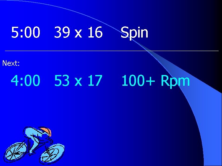 5: 00 39 x 16 Spin Next: 4: 00 53 x 17 100+ Rpm