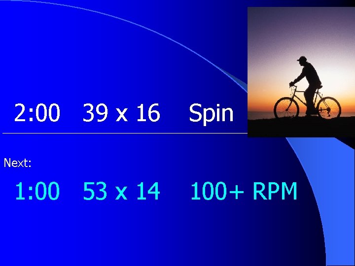 2: 00 39 x 16 Spin Next: 1: 00 53 x 14 100+ RPM