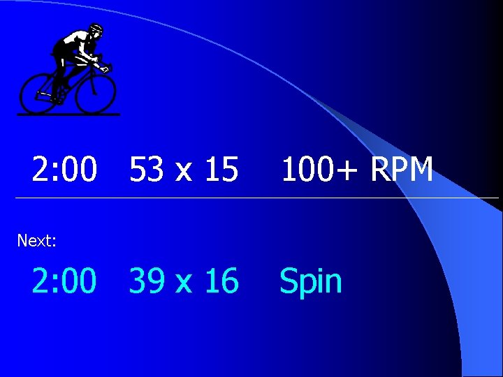 2: 00 53 x 15 100+ RPM Next: 2: 00 39 x 16 Spin