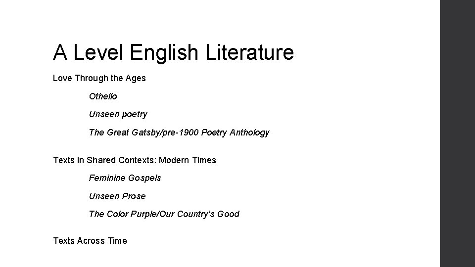 A Level English Literature Love Through the Ages Othello Unseen poetry The Great Gatsby/pre-1900