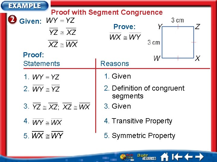 Proof with Segment Congruence Given: Proof: Statements Prove: Reasons 1. Given 2. 3. 2.