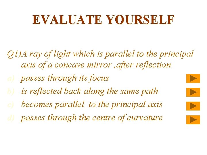 EVALUATE YOURSELF Q 1)A ray of light which is parallel to the principal axis