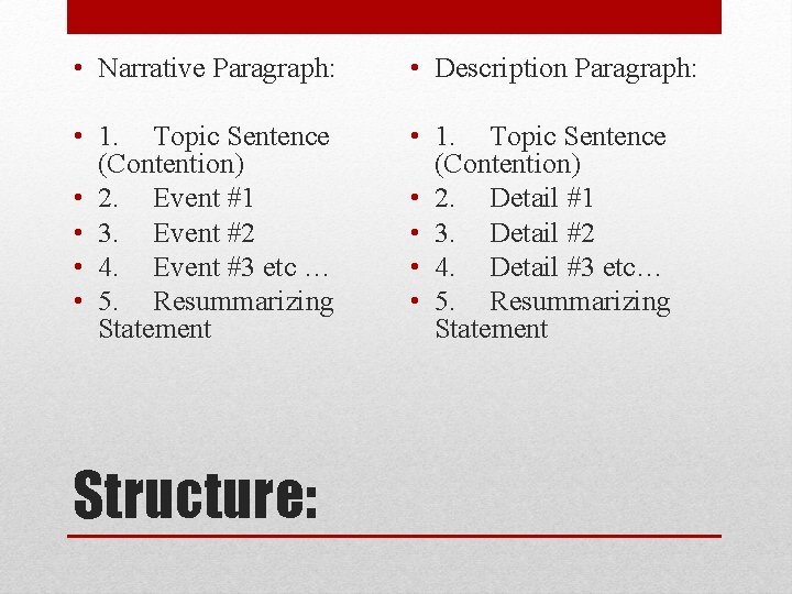  • Narrative Paragraph: • Description Paragraph: • 1. Topic Sentence (Contention) • 2.