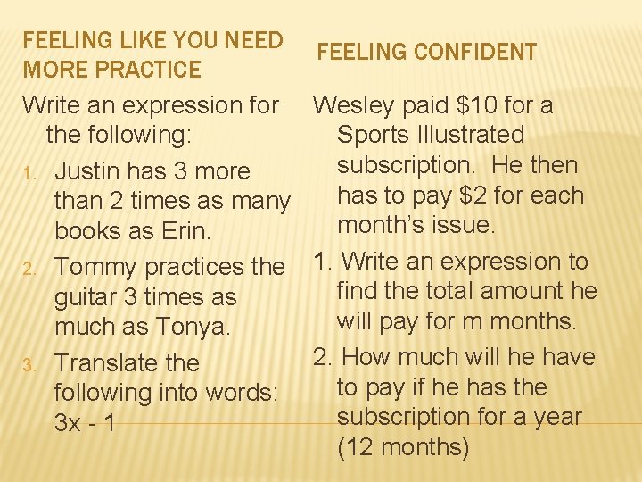 FEELING LIKE YOU NEED FEELING CONFIDENT MORE PRACTICE Write an expression for Wesley paid