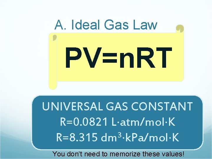 A. Ideal Gas Law PV=n. RT UNIVERSAL GAS CONSTANT R=0. 0821 L atm/mol K