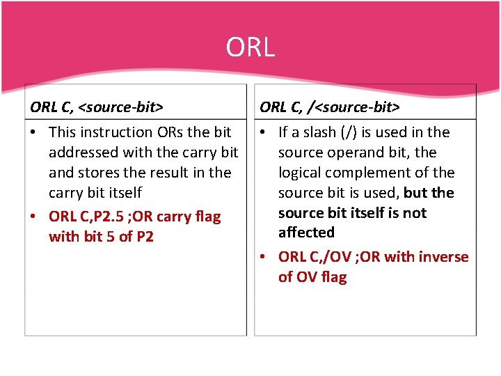 ORL C, <source-bit> ORL C, /<source-bit> • This instruction ORs the bit addressed with