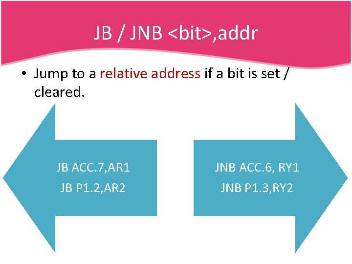 JB / JNB <bit>, addr • Jump to a relative address if a bit