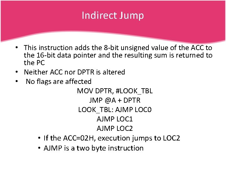 Indirect Jump • This instruction adds the 8 -bit unsigned value of the ACC