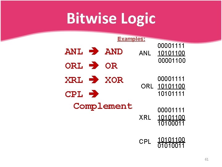 Bitwise Logic Examples: ANL AND ORL OR XRL XOR CPL Complement ANL 00001111 10101100