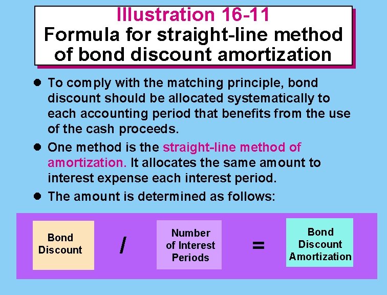 Illustration 16 -11 Formula for straight-line method of bond discount amortization l To comply