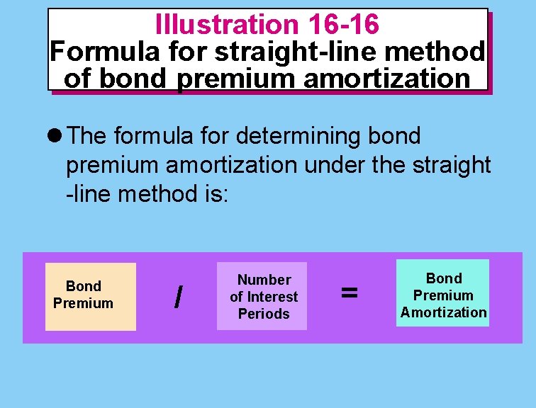 Illustration 16 -16 Formula for straight-line method of bond premium amortization l The formula