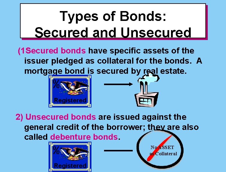 Types of Bonds: Secured and Unsecured (1 Secured bonds have specific assets of the