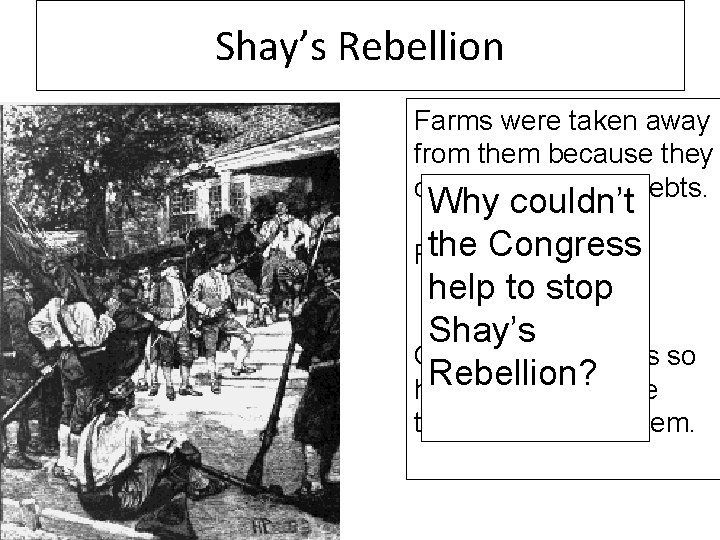 Shay’s Rebellion Farms were taken away from them because they couldn’t pay their debts.