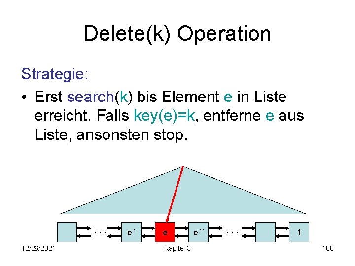 Delete(k) Operation Strategie: • Erst search(k) bis Element e in Liste erreicht. Falls key(e)=k,