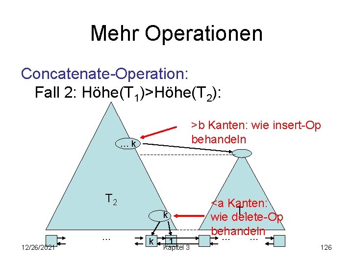 Mehr Operationen Concatenate-Operation: Fall 2: Höhe(T 1)>Höhe(T 2): >b Kanten: wie insert-Op behandeln …k