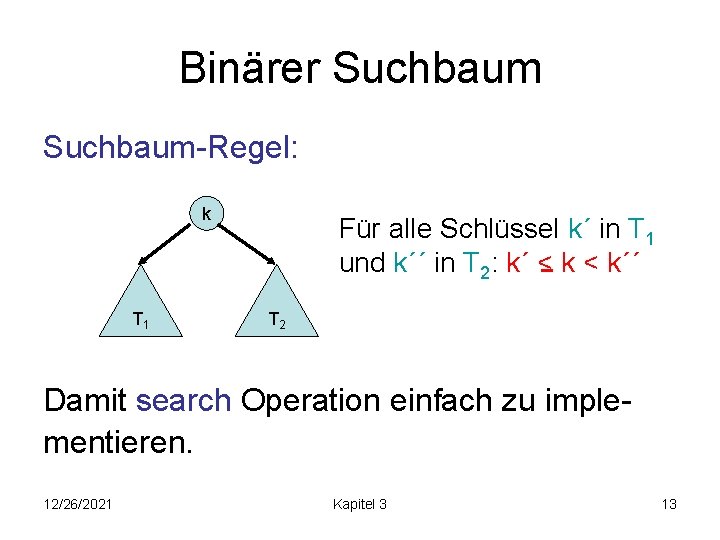 Binärer Suchbaum-Regel: k T 1 Für alle Schlüssel k´ in T 1 und k´´