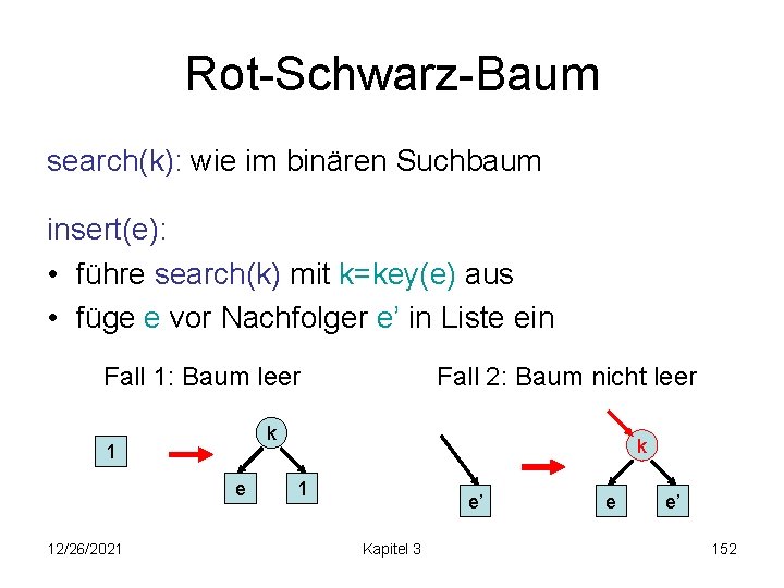 Rot-Schwarz-Baum search(k): wie im binären Suchbaum insert(e): • führe search(k) mit k=key(e) aus •